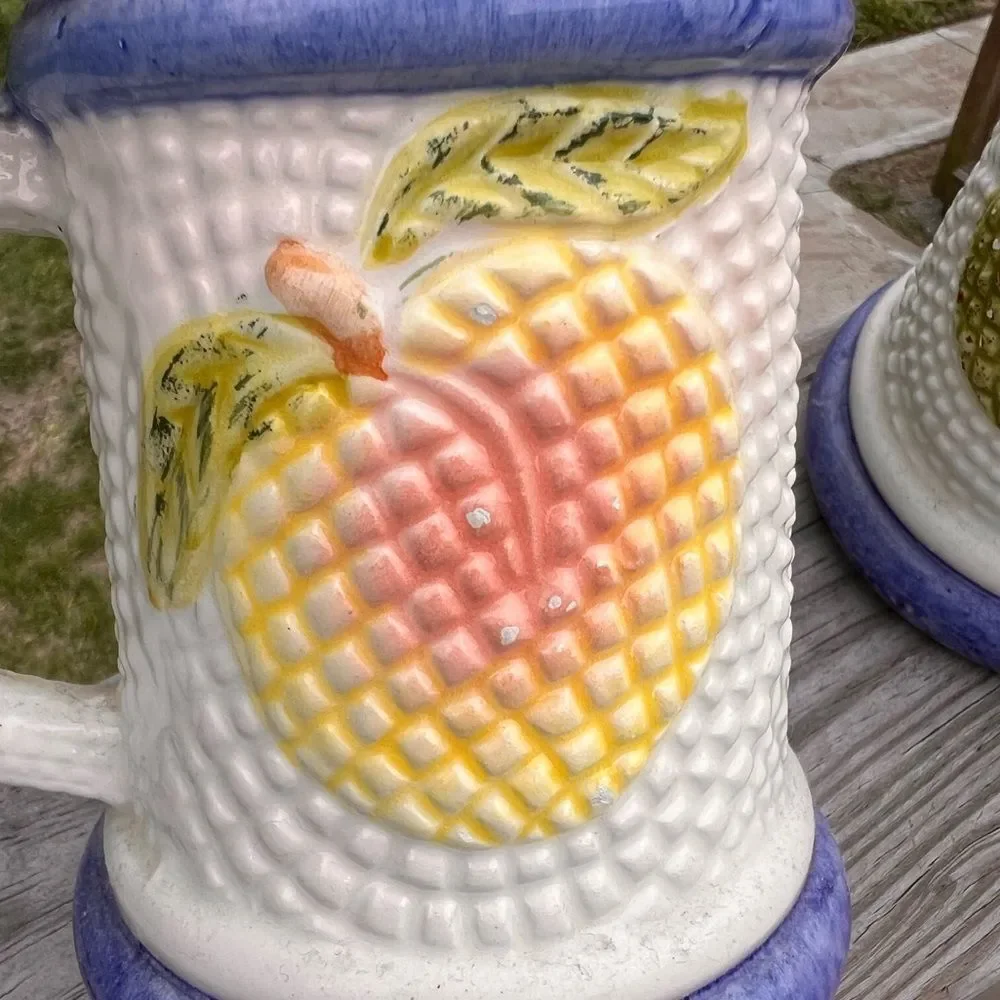 5 White Signed Ceramic Mugs With Fruit Design Made In Mexico With Fruit Design